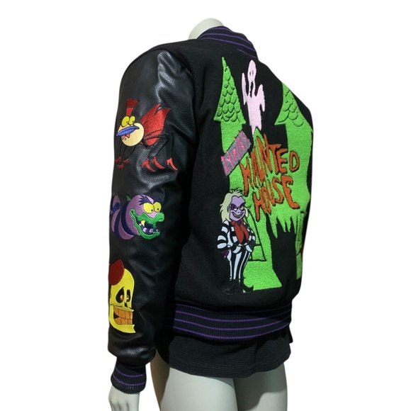 Beetlejuice Halloween Horror Haunted House Mens Varsity Embroidered Patch Jacket - Picture 10 of 11
